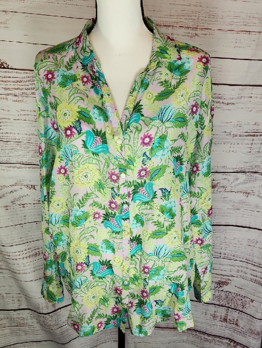 J. Jill Green Floral Button-Front Blouse with Pink Accents
